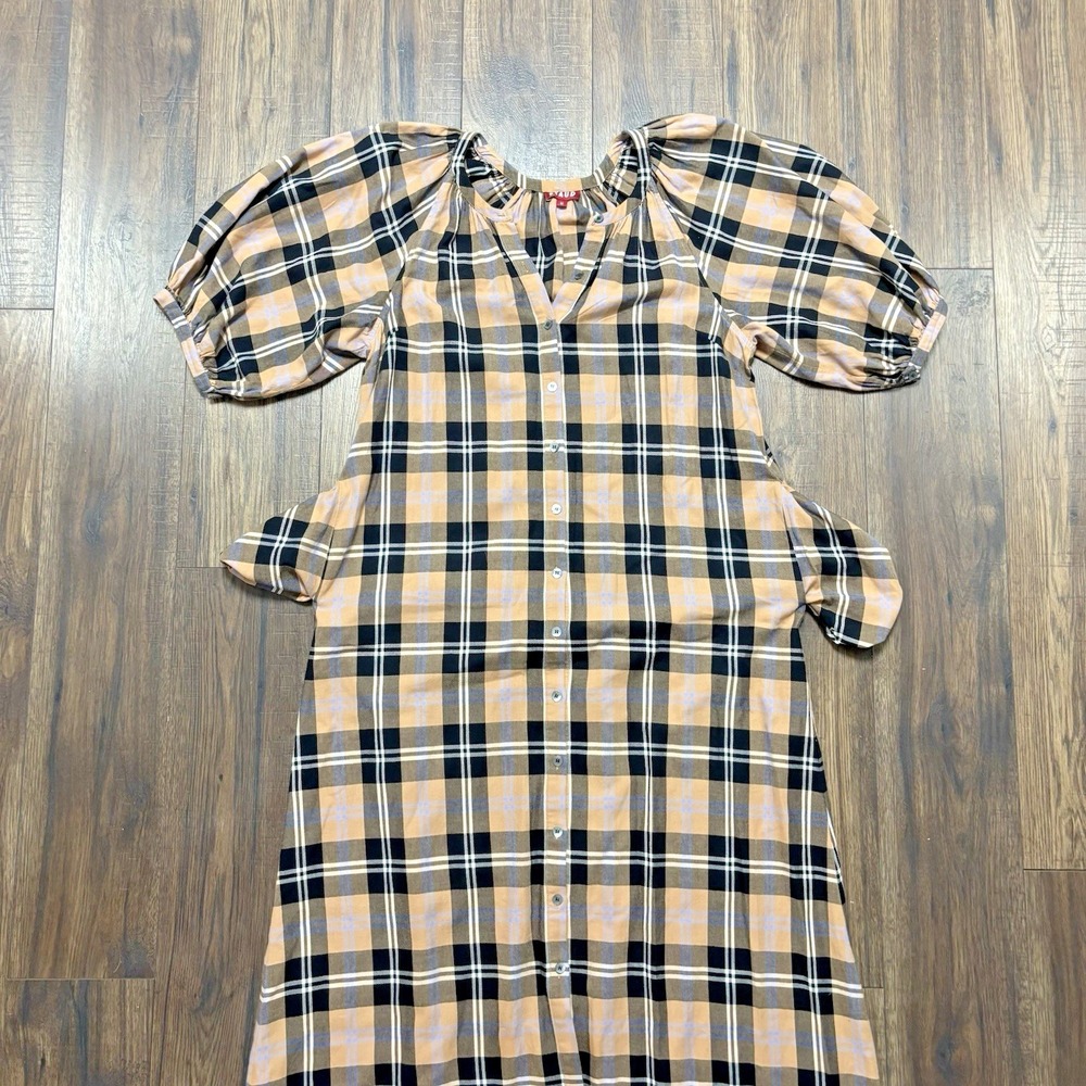 STAUD Plaid Cotton Midi Dress Button Front Puff Sleeve Women's Size Medium Tan - Picture 5 of 11